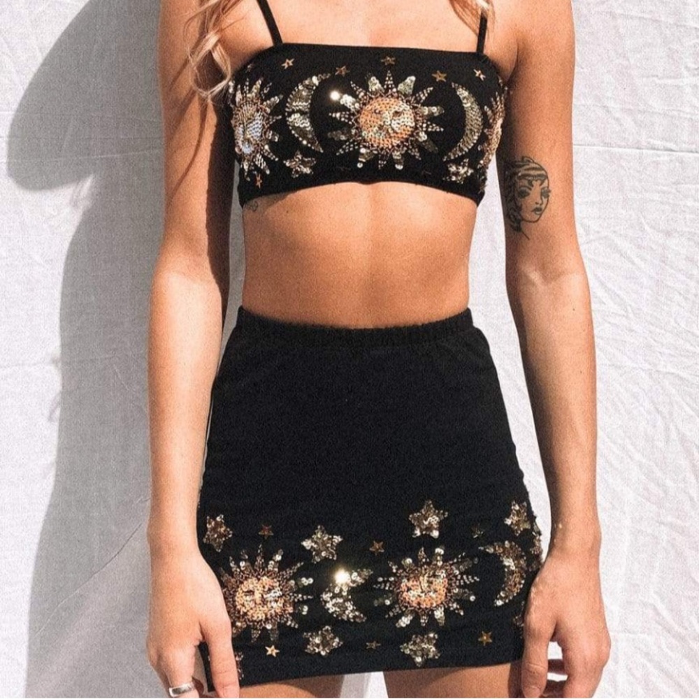 HerPony Stella Sequin Sparkle Bandeau Crop and Skirt Rave Set